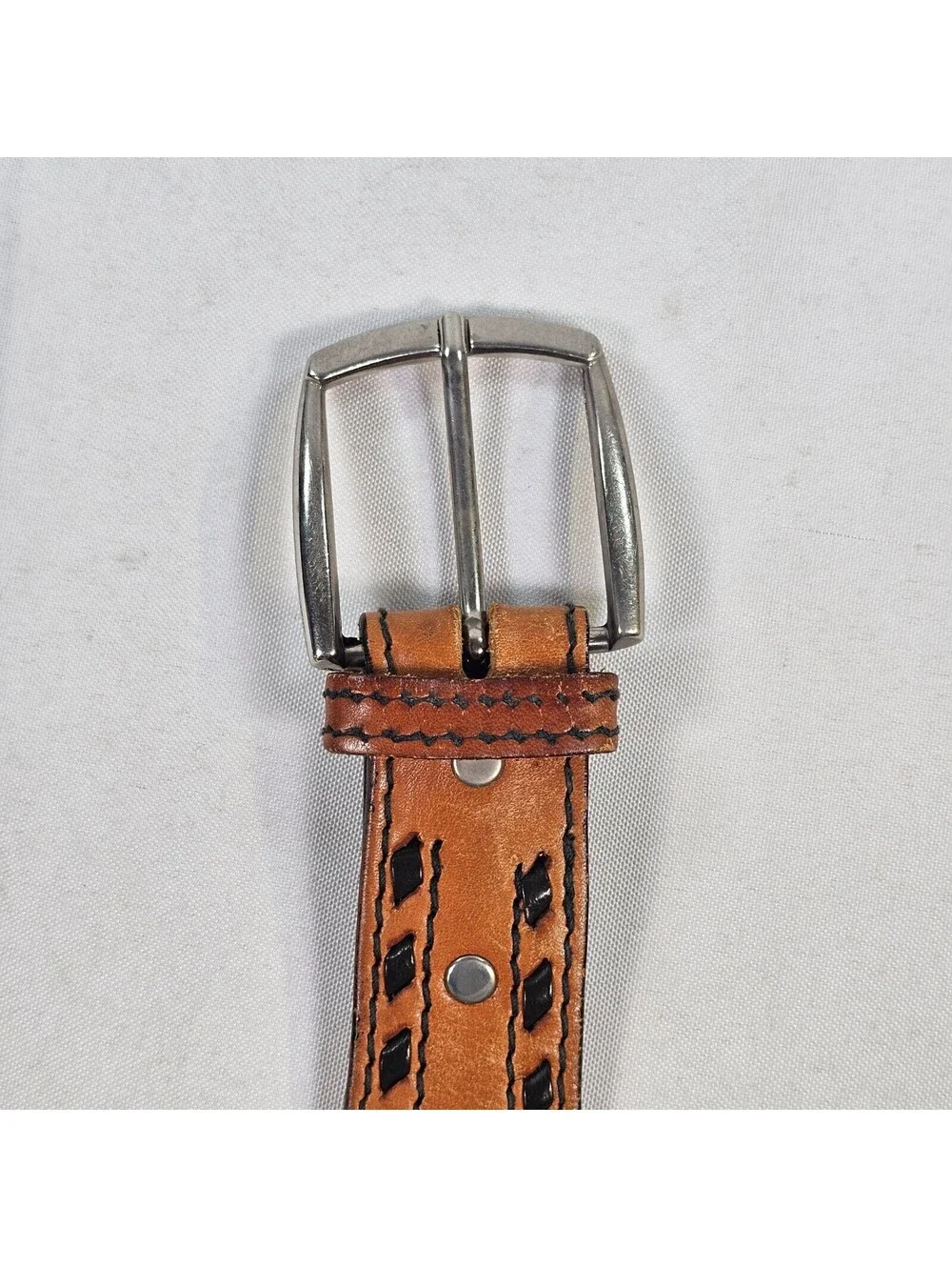 Vintage Tan Leather Whipstitch Belt Mens Brown Woven Boho Western 41.5 Inch